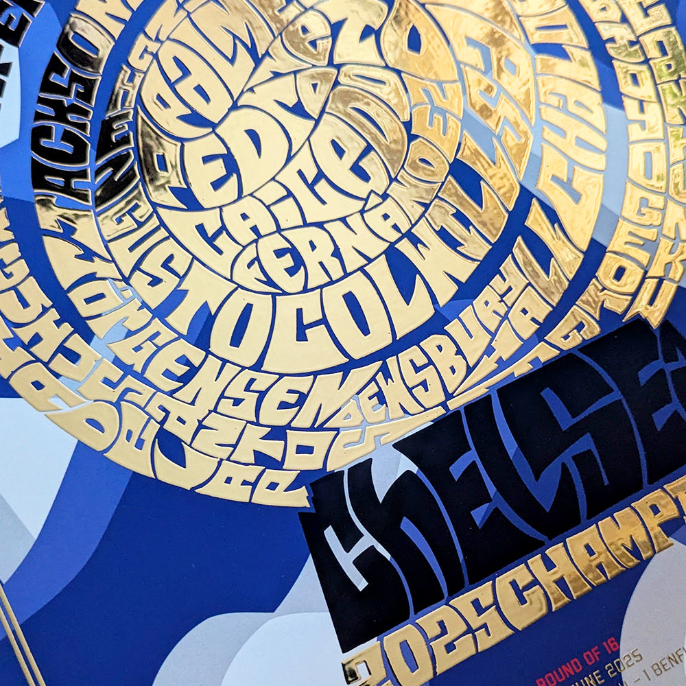 Chelsea FC 2025 Club World Cup Gold Foil Poster featuring Palmer, James, Fernández, Caicedo, Colwill, Sanchez, Nkunku, Neto, Pedro & Gusto