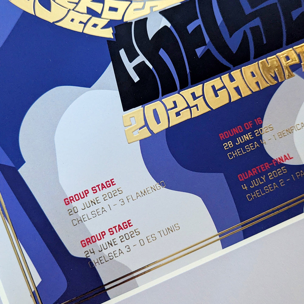 Chelsea FC 2025 Club World Cup Gold Foil Poster featuring Palmer, James, Fernández, Caicedo, Colwill, Sanchez, Nkunku, Neto, Pedro & Gusto