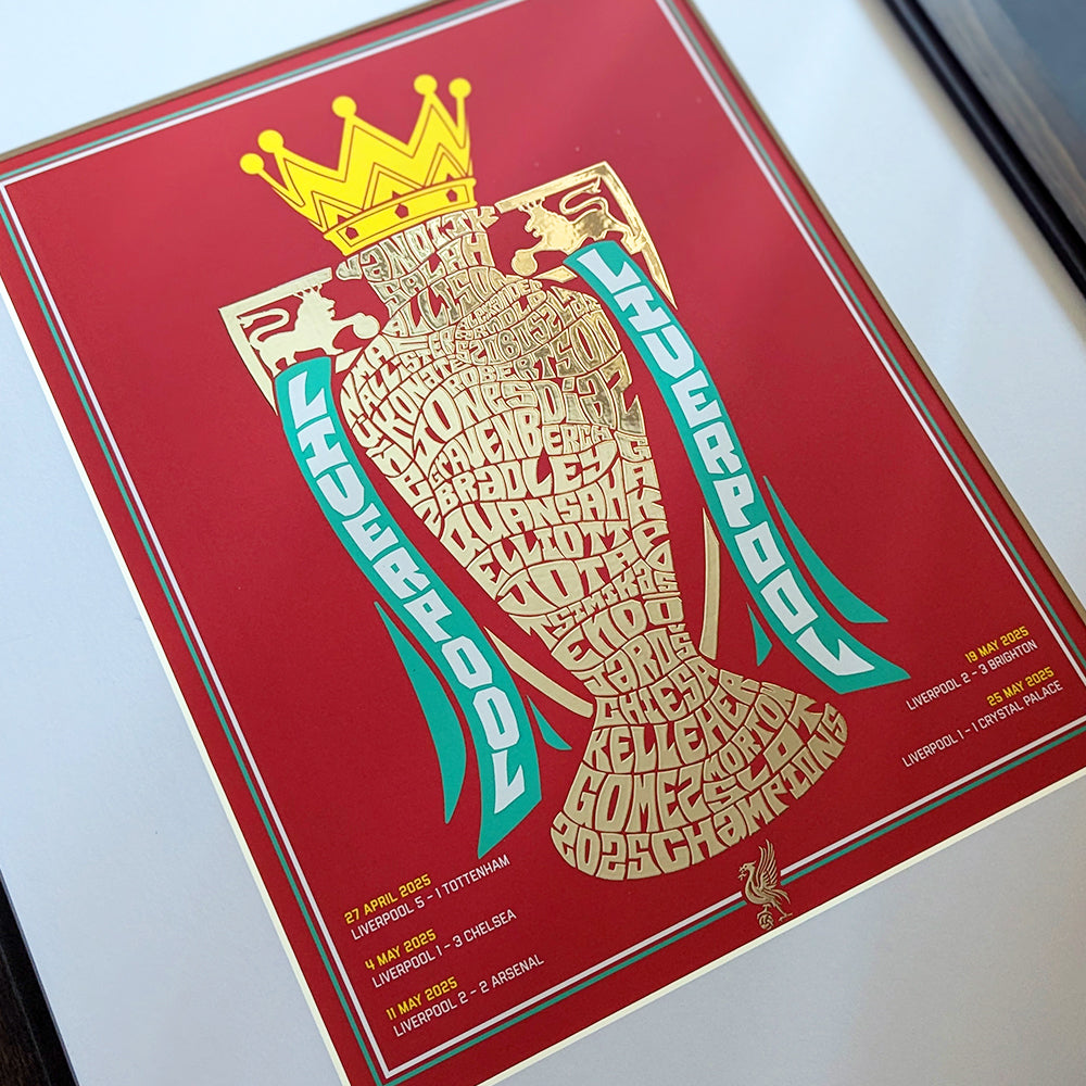Liverpool 2025 Premier League Championship Silver Foil Poster featuring Salah, van Dijk, Alisson, Alexander-Arnold, Diaz