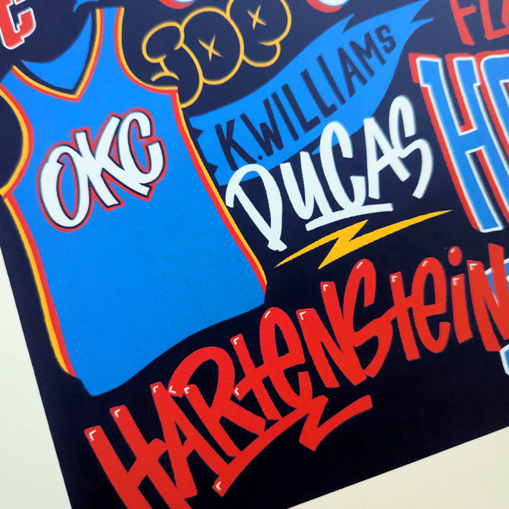 OKC Thunder Collage poster featuring Shai Gilgeous-Alexander, Jalen Williams, Chet Holmgren and co.