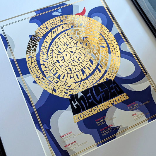 Chelsea FC  2025 Club World Cup Gold Foil Poster featuring Palmer, James, Fernández, Caicedo, Colwill, Sanchez, Nkunku, Neto, Pedro & Gusto