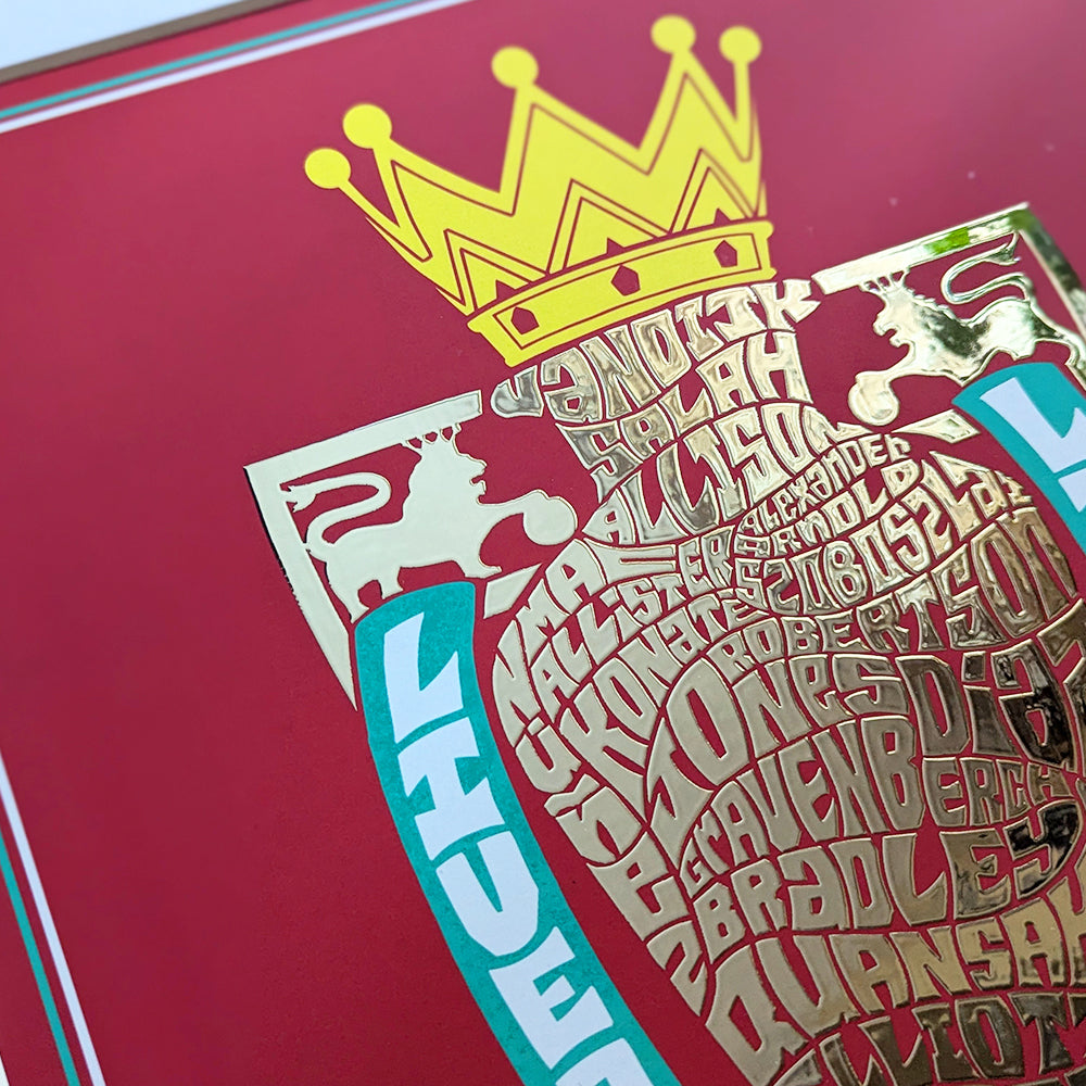 Liverpool 2025 Premier League Championship Silver Foil Poster featuring Salah, van Dijk, Alisson, Alexander-Arnold, Diaz