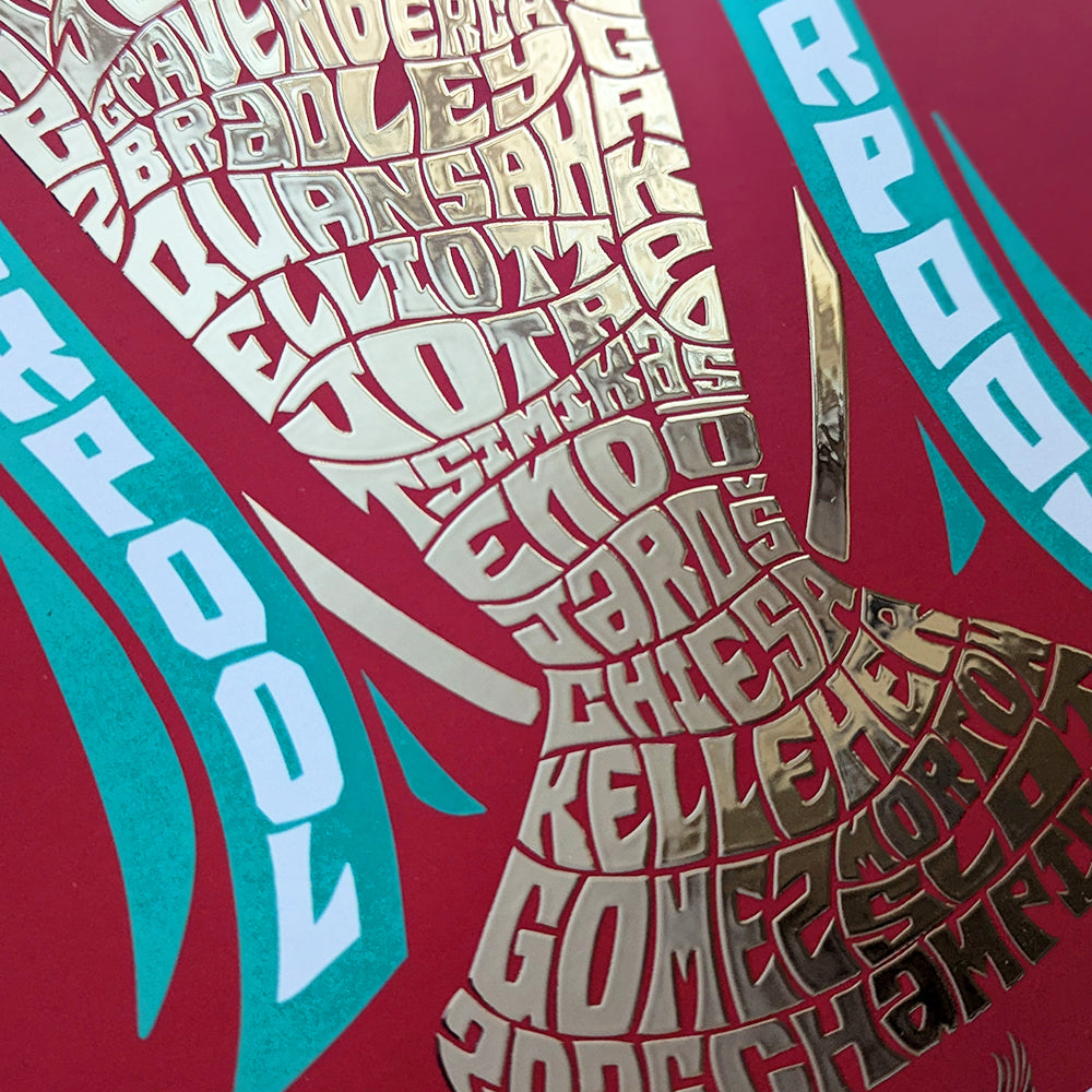 Liverpool 2025 Premier League Championship Silver Foil Poster featuring Salah, van Dijk, Alisson, Alexander-Arnold, Diaz