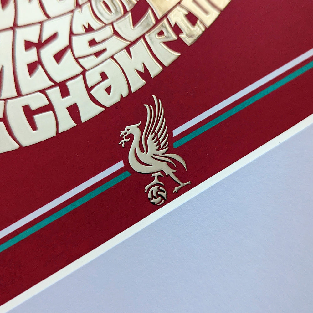 Liverpool 2025 Premier League Championship Silver Foil Poster featuring Salah, van Dijk, Alisson, Alexander-Arnold, Diaz