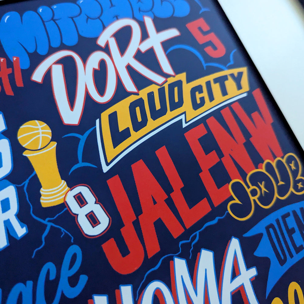 OKC Thunder Collage poster featuring Shai Gilgeous-Alexander, Jalen Williams, Chet Holmgren and co.