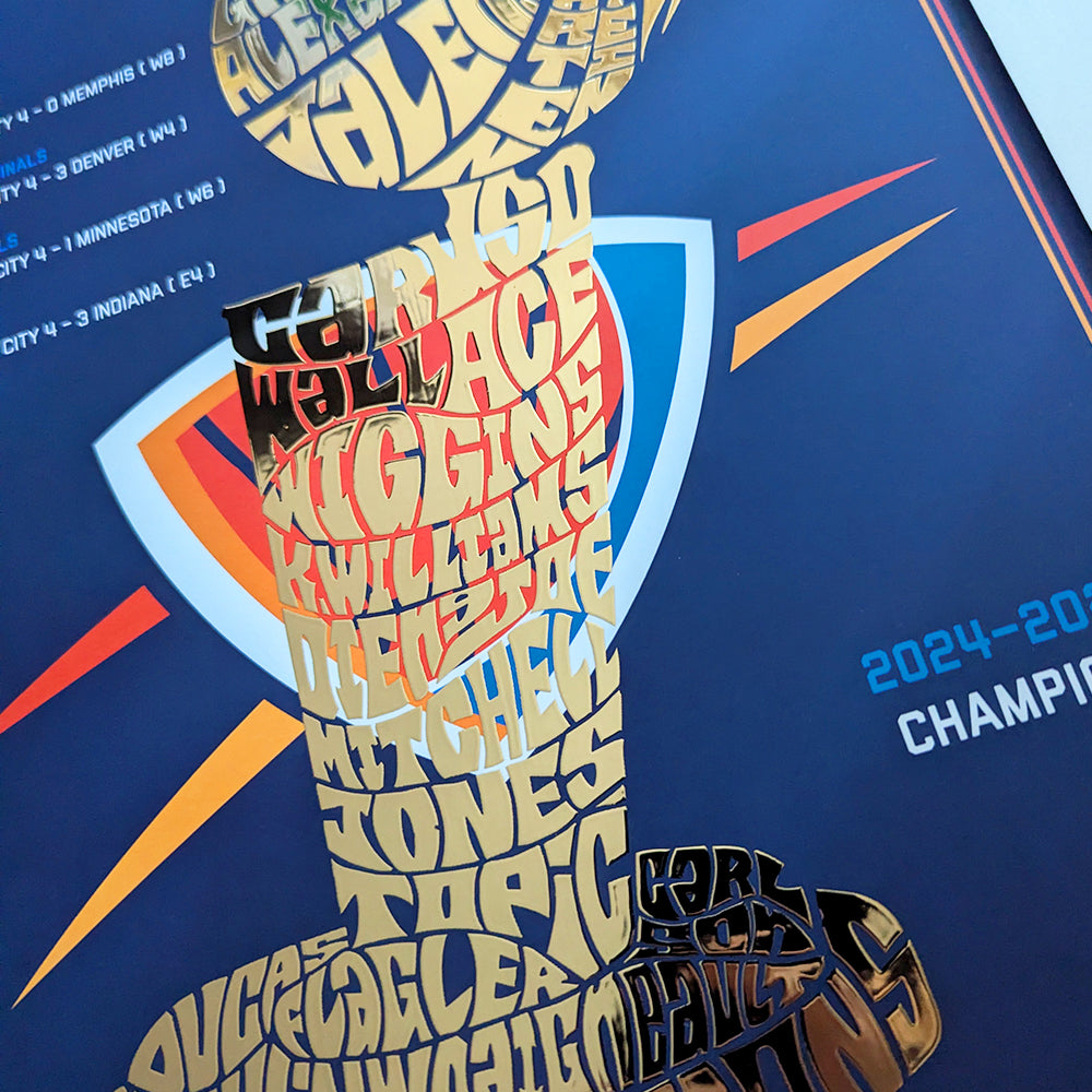 OKC Thunder 2025 Larry O'Brien Gold Foil poster featuring Shai Gilgeous-Alexander, Jalen Williams, Chet Holmgren and co.