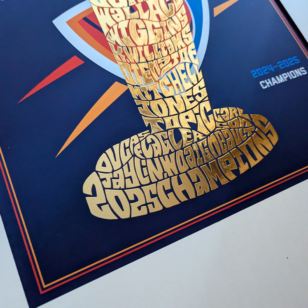 OKC Thunder 2025 Larry O'Brien Gold Foil poster featuring Shai Gilgeous-Alexander, Jalen Williams, Chet Holmgren and co.
